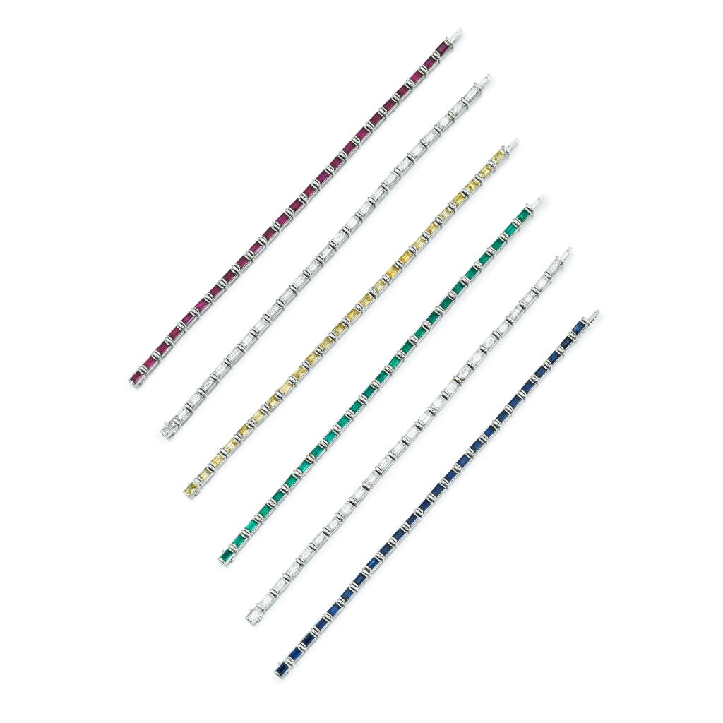 View full screen - View 1 of Lot 265. Ensemble de bracelets diamant, émeraude, saphir et rubis.