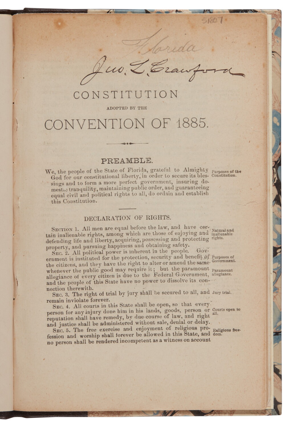 View full screen - View 1 of Lot 109. Florida | An early printing of the 1885 Florida Constitution.