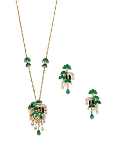 View full screen - View 1 of Lot 1425. JAMES GANH | 'SECRET GARDEN' GEM SET AND DIAMOND DEMI-PARURE | James Ganh | 'Secret Garden' 寶石 配 鑽石 項鏈及吊耳環套裝.