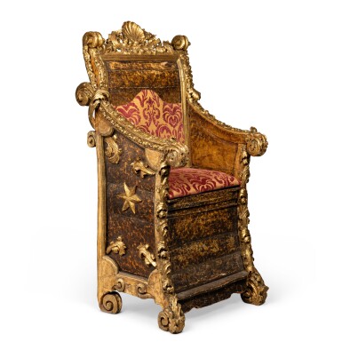 View full screen - View 1 of Lot 135. An Italian Baroque Carved Giltwood Circumcision Chair, Marches region, possibly Ancona, late 17th - early 18th century.