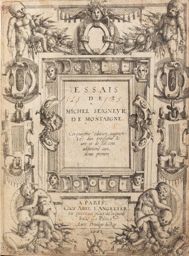 View full screen - View 1 of Lot 13. Essais. Cinquiesme edition. Paris, 1588. Cinquième édition et dernière publiée du vivant de Montaigne. De la bibliothèque de Joseph-Antoine Crozat, marquis de Tugny. Reliure du XVIIe siècle..