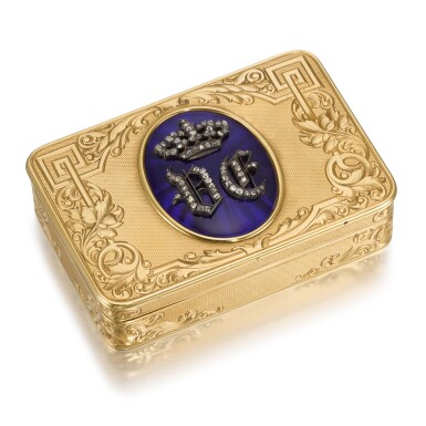View full screen - View 1 of Lot 36. A jewelled gold and enamel Royal presentation snuff box, probably Turin or Geneva, circa 1850.