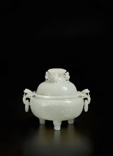 View full screen - View 1 of Lot 176. A white jade 'phoenix' loose-ring handled censer and cover, Qing dynasty, Qianlong period .