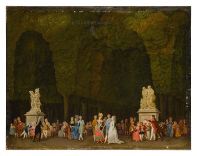 View full screen - View 1 of Lot 615. Elegant figures in a park, some strolling in the foreground while others sit in groups and converse.