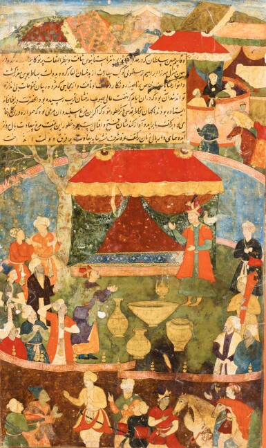 View full screen - View 1 of Lot 175. THE WHITE COCKEREL GIVES HUMAYUN A SIGN OF VICTORY IN JUNE 1548, AN ILLUSTRATED PAGE FROM THE 'FIRST' (VICTORIA AND ALBERT MUSEUM) AKBARNAMA, INDIA, MUGHAL, CIRCA 1590-95.