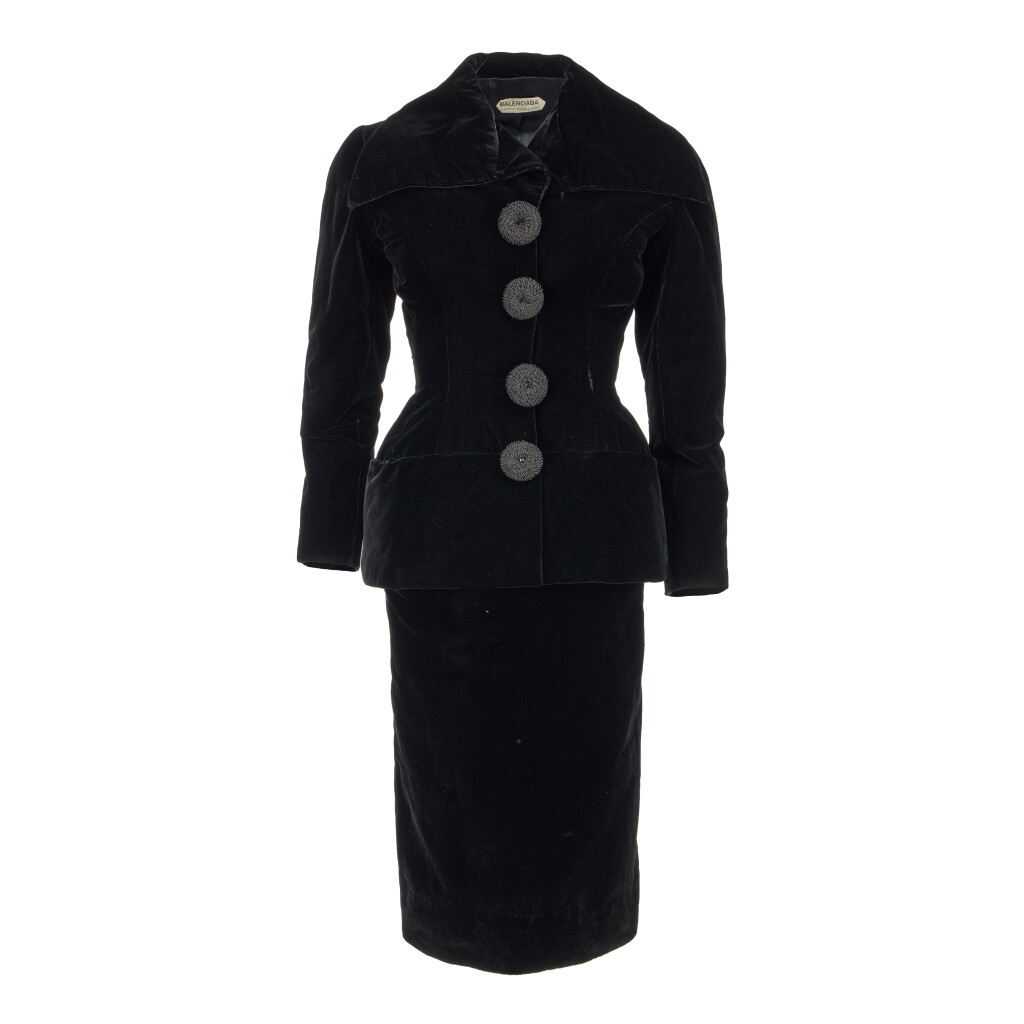 View full screen - View 1 of Lot 21. Haute Couture Black Silk-velvet Suit, circa 1950.