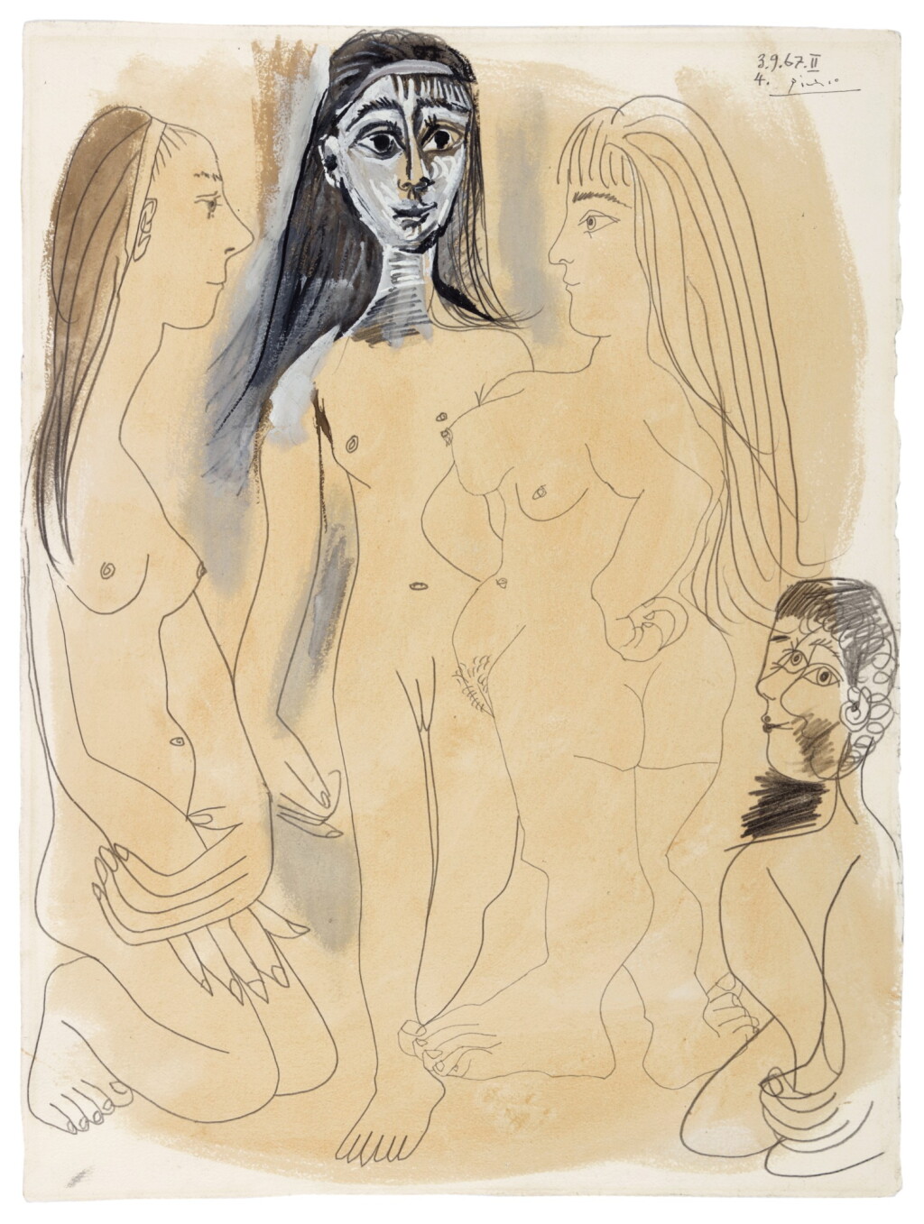 View full screen - View 1 of Lot 1015. Trois nus debout et personnage.