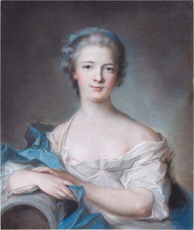 View full screen - View 1 of Lot 62. Portrait of a lady wearing a blue headband and pearls.