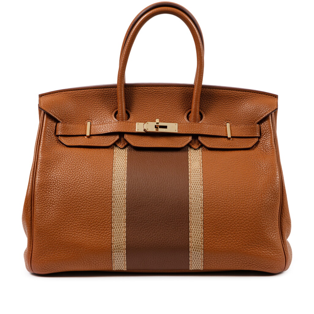 View full screen - View 1 of Lot 411. Limited Edition Gold and Marron d'Inde Clemence and Ficelle Lizard Club Birkin 35 Permabrass Hardware, 2011.