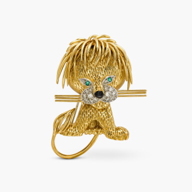 View full screen - View 1 of Lot 25. Emerald, Onyx and Diamond Brooch, ‘Lion Ébouriffé’.