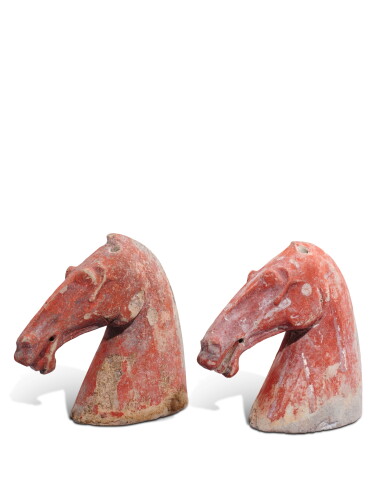 View full screen - View 1 of Lot 5142. Two red-painted pottery figures of horse heads, Western Han dynasty | 西漢 紅彩陶馬首一組兩件.