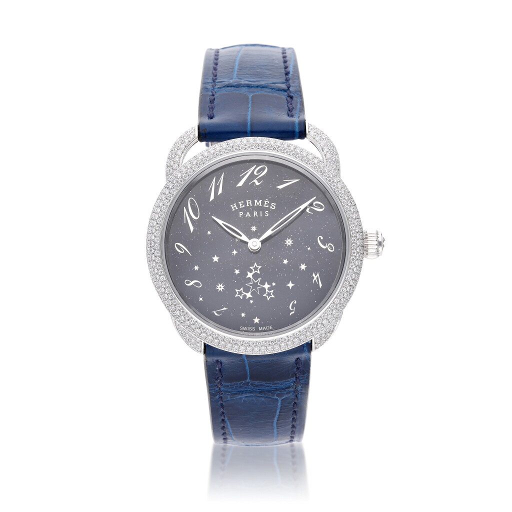 View full screen - View 1 of Lot 50. Bleu Saphir Alligator, Diamond, 18K White Gold and Aventurine 34mm Automatic Arceau Etoilee Watch.