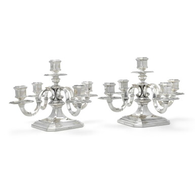 View full screen - View 1 of Lot 102. A pair of Art Deco Belgian silver five-light candelabra, circa 1930.