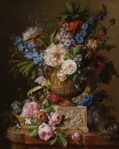 View full screen - View 1 of Lot 133. Still Life with Flowers in a Stone Vase on a Pedestal Carved with Putti; with a Basket of Flowers and a Dunnock's Nest.