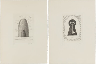 View full screen - View 1 of Lot 227. Aube à l'antipode. 1966. 1/17 de tête, boîte signée, rare suite de 7 eaux-fortes de Magritte..