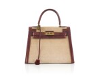 KELLY SELLIER 28 BURGUNDY LEATHER AND BEIGE CANVAS WITH GOLD HARDWARE (VINTAGE). HERMÈS, 1970