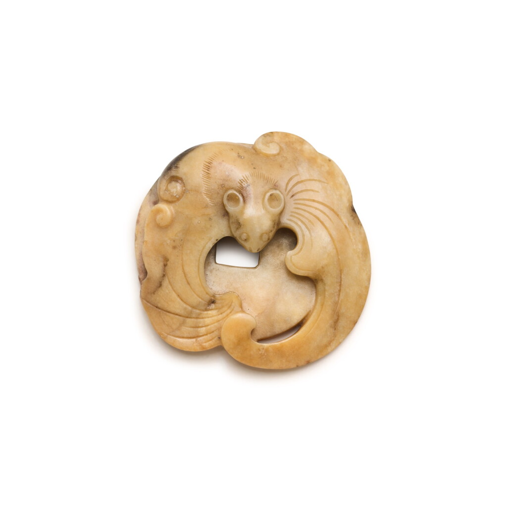 View full screen - View 1 of Lot 237. A LIGHT MOTTLED BROWN JADE 'BAT AND COIN' GROUP, QING DYNASTY, 18TH CENTURY | 清十八世紀 福在眼前玉把件.