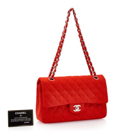View full screen - View 1 of Lot 150. RED JERSEY AND SILVER-TONE METAL CLASSIC SHOULDER BAG, CHANEL.