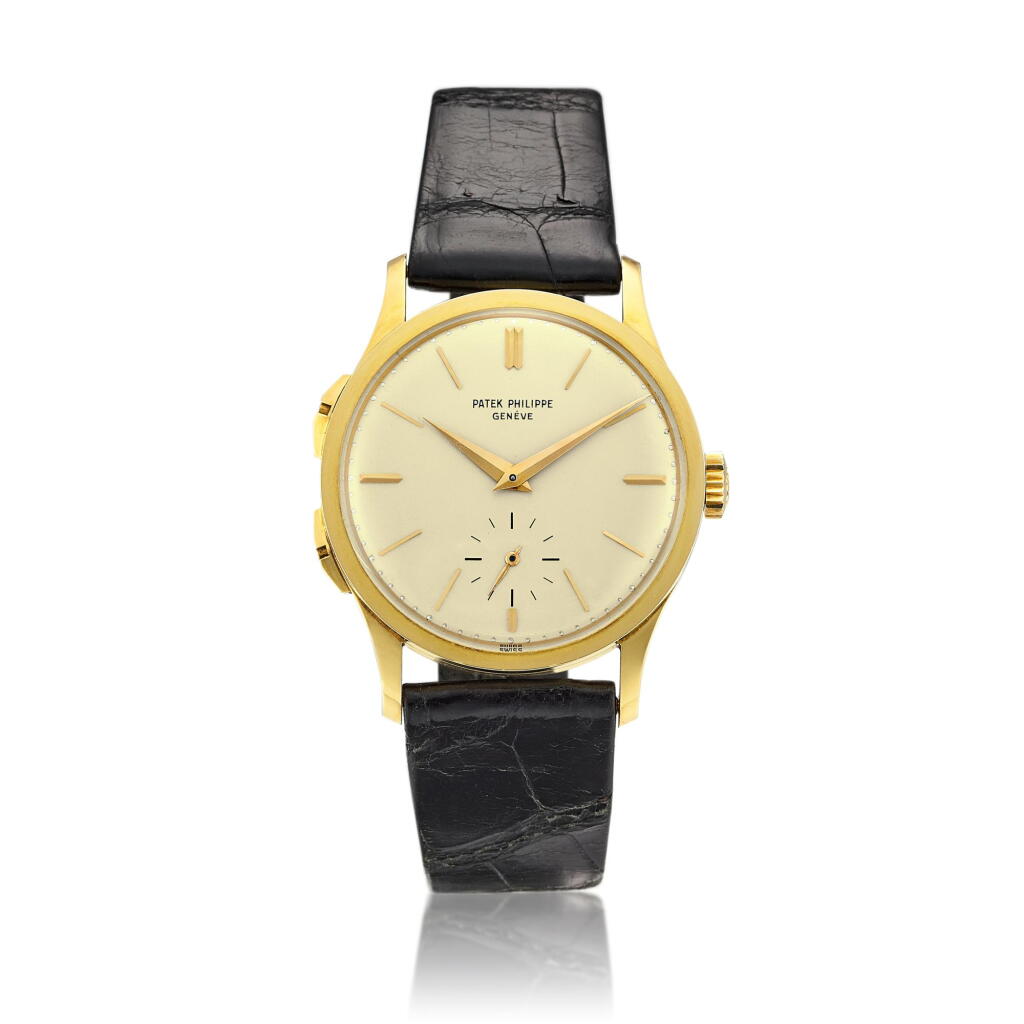 View full screen - View 1 of Lot 2266. Push Button Time, Reference 2597 | A yellow gold travel time wristwatch, Made in 1963 | 百達翡麗 | Push Button Time 型號2597 | 黃金旅行時間腕錶,1963年製.