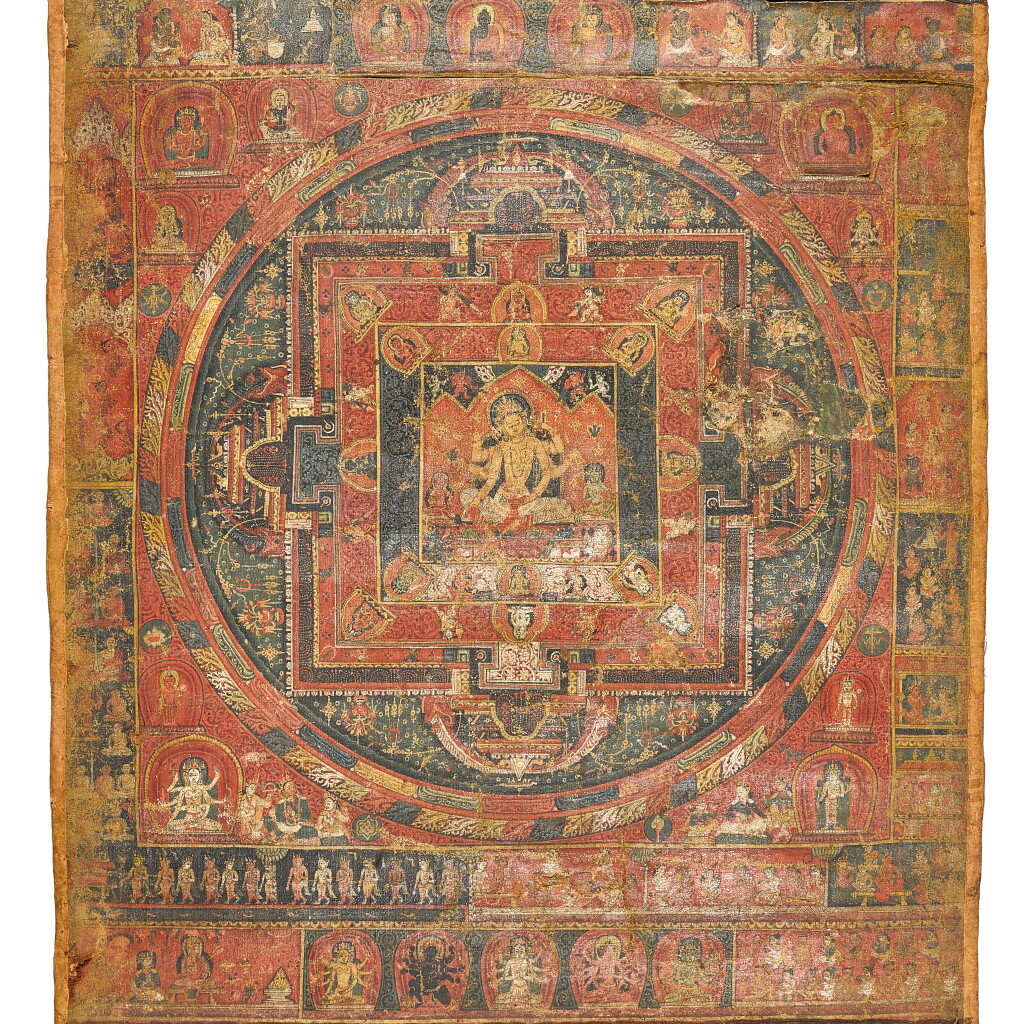 View full screen - View 1 of Lot 827. A thangka depicting a mandala of Vasudhara, Nepal, 14th / 15th century.