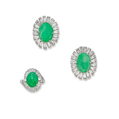 View full screen - View 1 of Lot 524. Pair of Jadeite and Diamond Cufflinks, Ruser, and Jadeite and Diamond Ring.