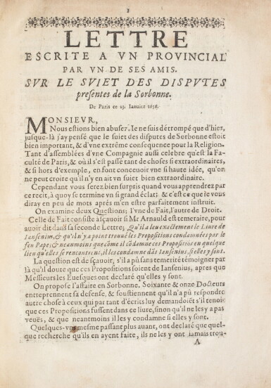 View full screen - View 1 of Lot 56. Lettres provinciales. 1657. Remarquable exemplaire en 1er état. Relié et annoté par un lecteur contemporain.