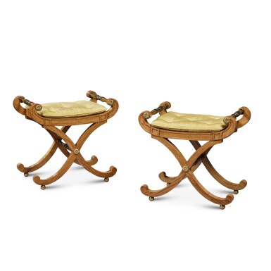 View full screen - View 1 of Lot 1794. A Pair of Satinwood Polychrome-Decorated Brass-Mounted X-Frame Stools, One Early 19th Century, the Other of a Later Date.