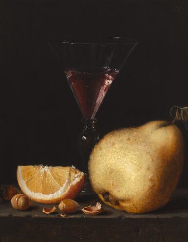 View full screen - View 1 of Lot 133. Still life with a quince, an orange segment, acorns and a façon de Venise wine glass.