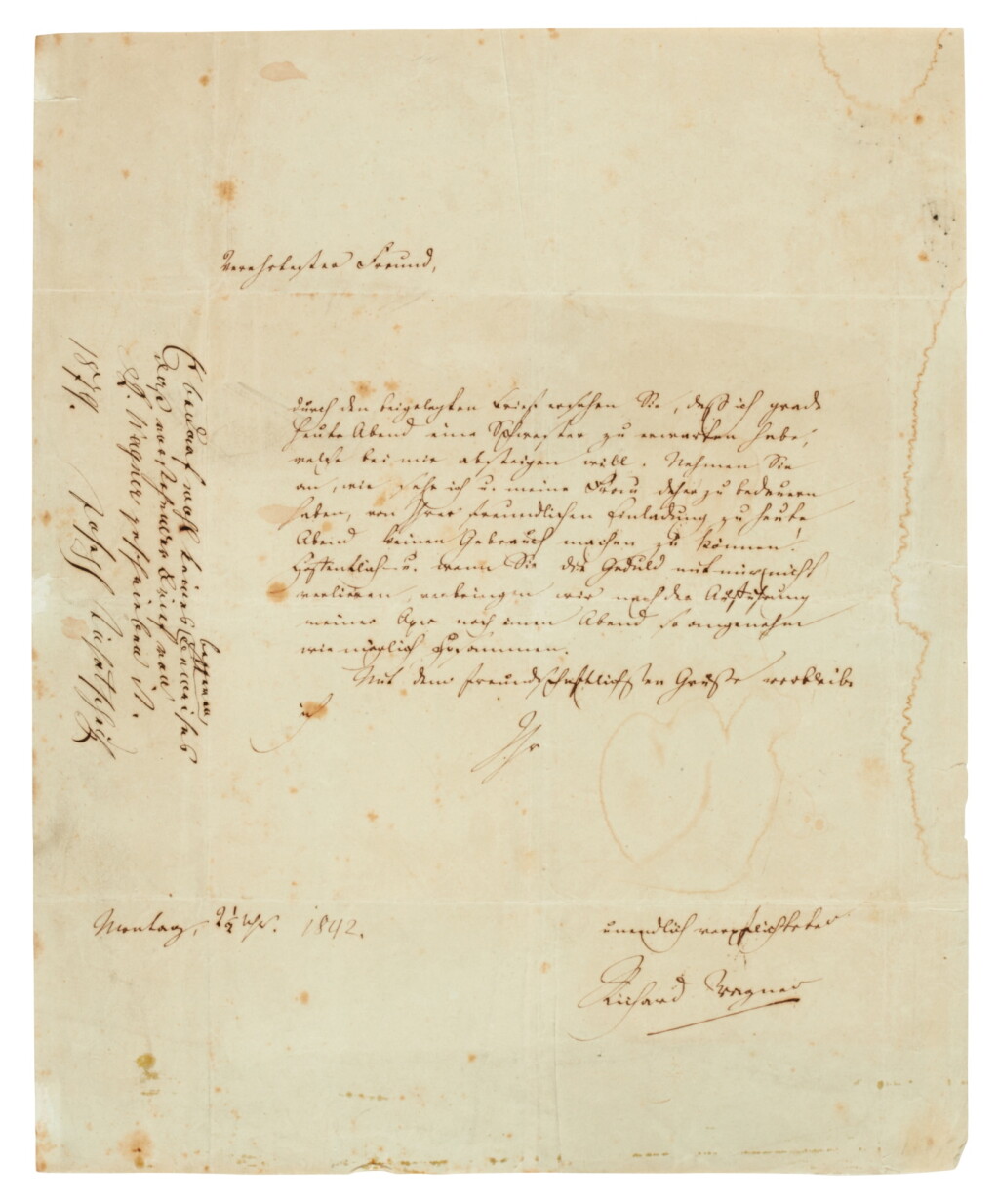 View full screen - View 1 of Lot 234. R. Wagner, Autograph letter signed, apparently unpublished, to Joseph Tichatschek, about "Rienzi", Dresden, 1842.