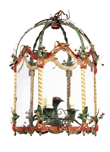 View full screen - View 1 of Lot 75. A Louis XVI style painted tole hanging lantern, 19th century | Lanterne en tôle peinte de style Louis XVI, XIXe siècle.