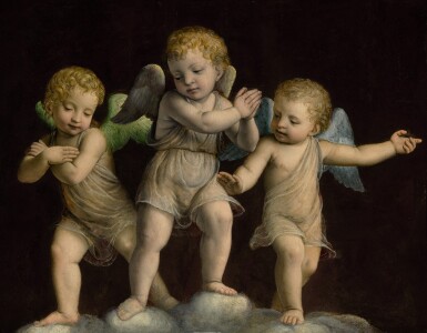 View full screen - View 1 of Lot 7. BERNARDINO LUINI | THREE PUTTI STANDING ATOP CLOUDS, GAZING DOWNWARD IN ADORATION.