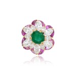 Unique emerald, pink sapphire and diamond brooch, ‘Giulia’, circa 1989