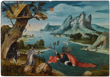 View full screen - View 1 of Lot 4. Saint Christopher carrying the Christ Child in an extensive river landscape | 《聖克里斯多福揹著聖嬰橫渡大河》.