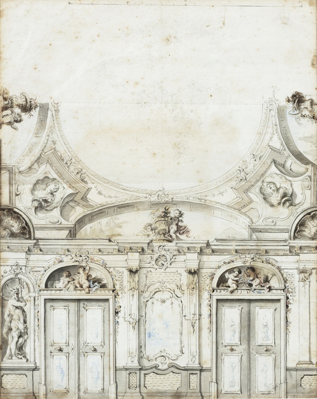 View full screen - View 1 of Lot 834. Architectural Drawing: Elevation of a Wall and Part of a Ceiling Decoration .