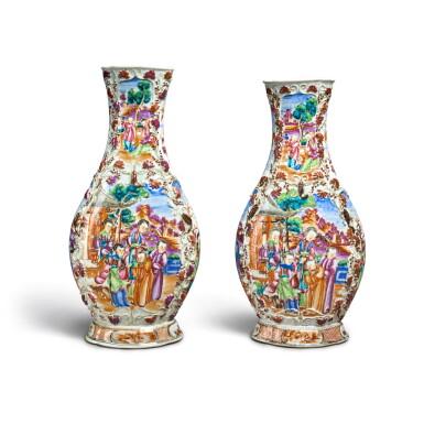 View full screen - View 1 of Lot 329. Two Chinese Export Famille-Rose Mandarin Palette Vases, Qing Dynasty, Qianlong Period, Circa 1785 | 清乾隆 粉彩松鼠葡萄浮雕人物圖瓶兩件.