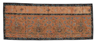 View full screen - View 1 of Lot 511. An apricot-yellow-ground silk embroidered 'elephant and vase' altar frontal panel, Qing dynasty, 19th century.