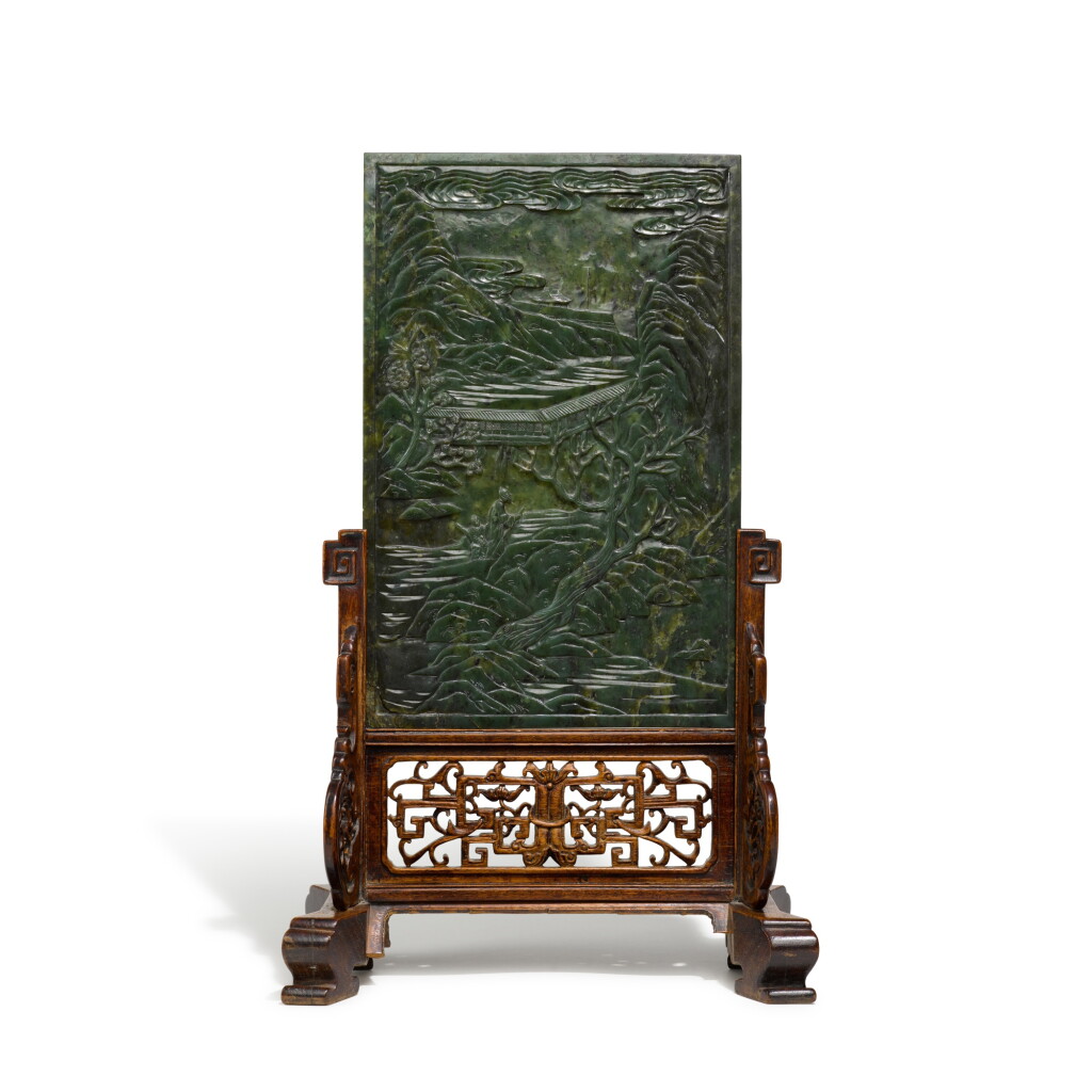View full screen - View 1 of Lot 273. A large spinach-green jade screen, Qing dynasty, late 19th century | 清十九世紀末 碧玉松蔭高士圖插屏.