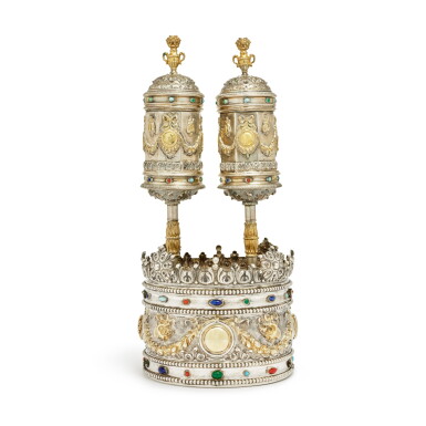 View full screen - View 1 of Lot 22. A Parcel-Gilt Silver and Gem-Set Torah Crown and Matching Torah Finials, probably Italian, early 20th century.