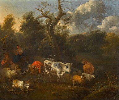 View full screen - View 1 of Lot 363. Italianate landscape with a shepherd couple driving their flock.