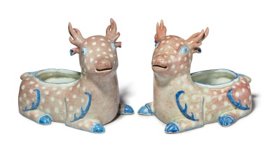 View full screen - View 1 of Lot 443. A Rare Pair of Chinese Underglaze-blue and Copper-red Decorated Stag-form Vessels, Qing Dynasty, Early 19th Century | 清十九世紀初 青花釉裏紅瑞鹿形器一對.