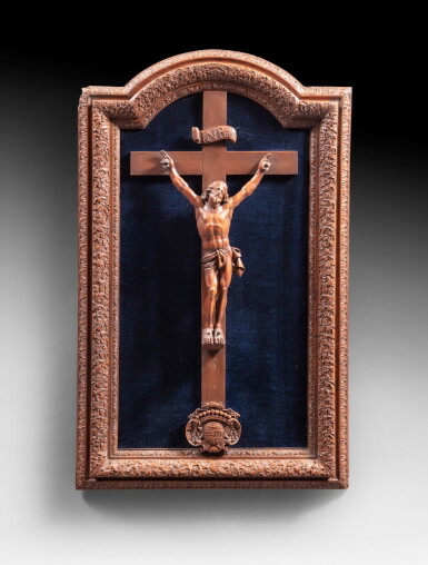 View full screen - View 1 of Lot 9. A Sainte-Lucie wood named "Bois de Bagard" Christ and his frame, Nancy work, early 18th century | Christ et son cadre en bois de Sainte-Lucie sculpté dit bois de Bagard travail de Nancy, début du XVIIeme siècle.
