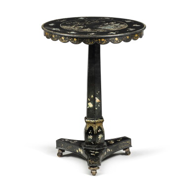 View full screen - View 1 of Lot 184. A Victorian papier-mâché ebonised and mother of pearl snap top occasional table, second half 19th century.