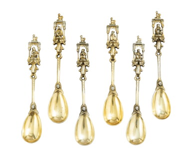View full screen - View 1 of Lot 50. A set of six large silver-gilt apostle spoons, unidentified mark, probably German, circa 1850 | Ensemble de 6 grandes cuillères d'apôtres en vermeil, poinçon non identifié, probablement Allemagne vers 1850.