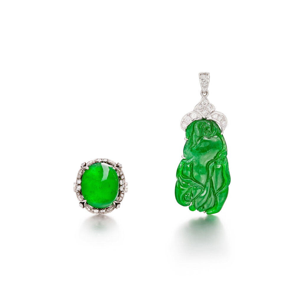 View full screen - View 1 of Lot 1675. Jadeite and Diamond Ring; and Pendant | 天然翡翠 配 鑽石 戒指; 及 掛墜.