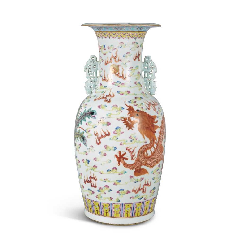 View full screen - View 1 of Lot 994. A famille-rose 'dragon and phoenix' vase, 20th century | 二十世紀 粉彩龍鳳紋雙耳瓶.