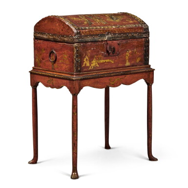 View full screen - View 1 of Lot 216. A George I Scarlet Japanned Leather Chest-on-Stand, Circa 1715.