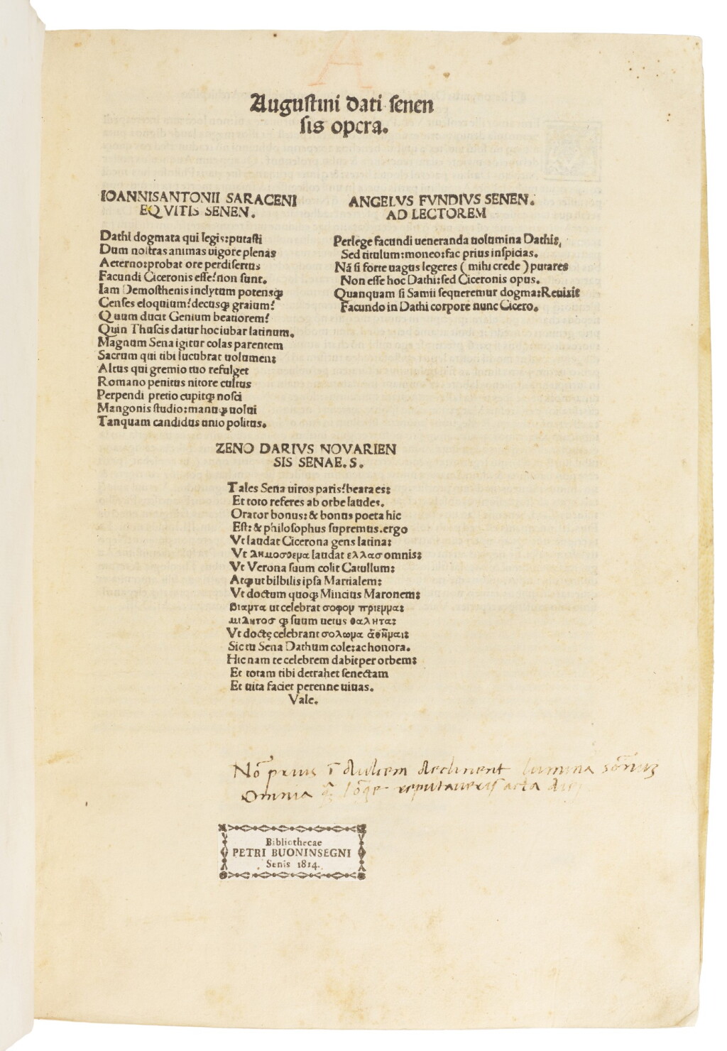 View full screen - View 1 of Lot 88. Dati, Opera, Siena, 1503, near-contemporary limp vellum.