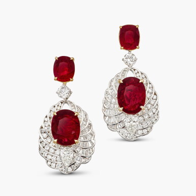 View full screen - View 1 of Lot 1620. Pair of Ruby and Diamond Pendent Earrings | 天然 「緬甸」未經加熱紅寶石 配 鑽石 耳墜一對(紅寶石總重約9.01克拉).