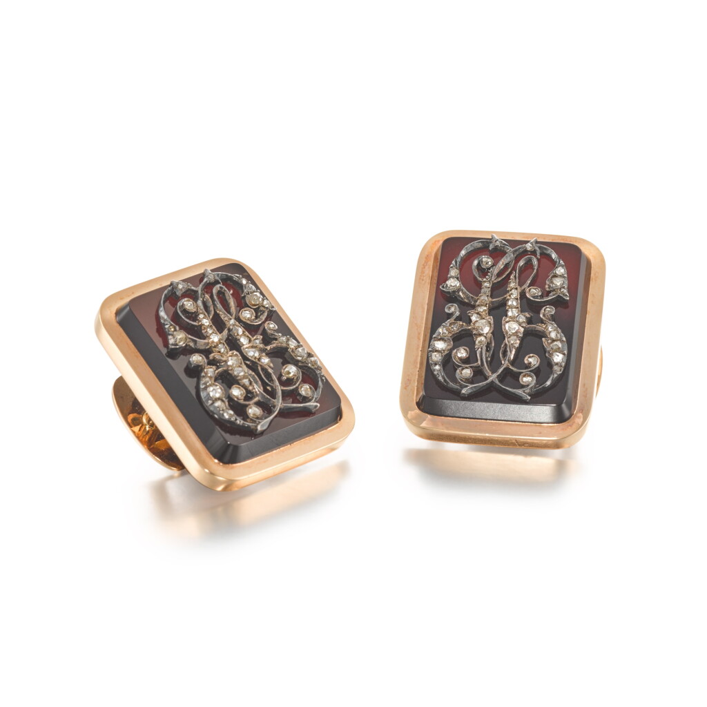 View full screen - View 1 of Lot 187. Pair of French gold-mounted, diamond-set cufflinks/fasteners, late 19th century.