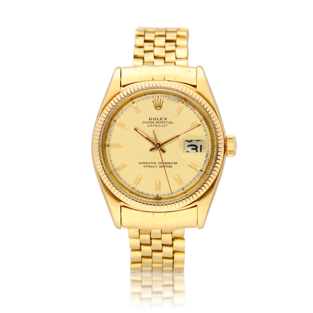 View full screen - View 1 of Lot 60. Datejust, Reference 1601 18k Yellow gold wristwatch with date and bracelet Circa 1961.